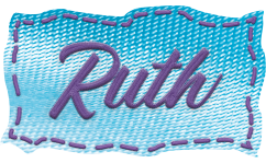 Logo for Ruth Ropper, Textile and Mixed Media Artist, a turquoise blue fabric background with purple embroidered italicised 'Ruth in the centre and purple running stitch around the edges of the fabric